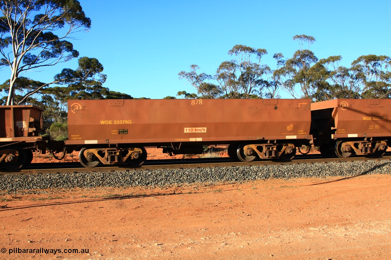 100731 03082
WOE type iron ore waggon WOE 33379 is one of a batch of one hundred and forty one built by United Group Rail WA between November 2005 and April 2006 with serial number 950142-084 and fleet number 878 for Koolyanobbing iron ore operations, empty train arriving at Binduli Triangle, 31st July 2010.
Keywords: WOE-type;WOE33379;United-Group-Rail-WA;950142-084;