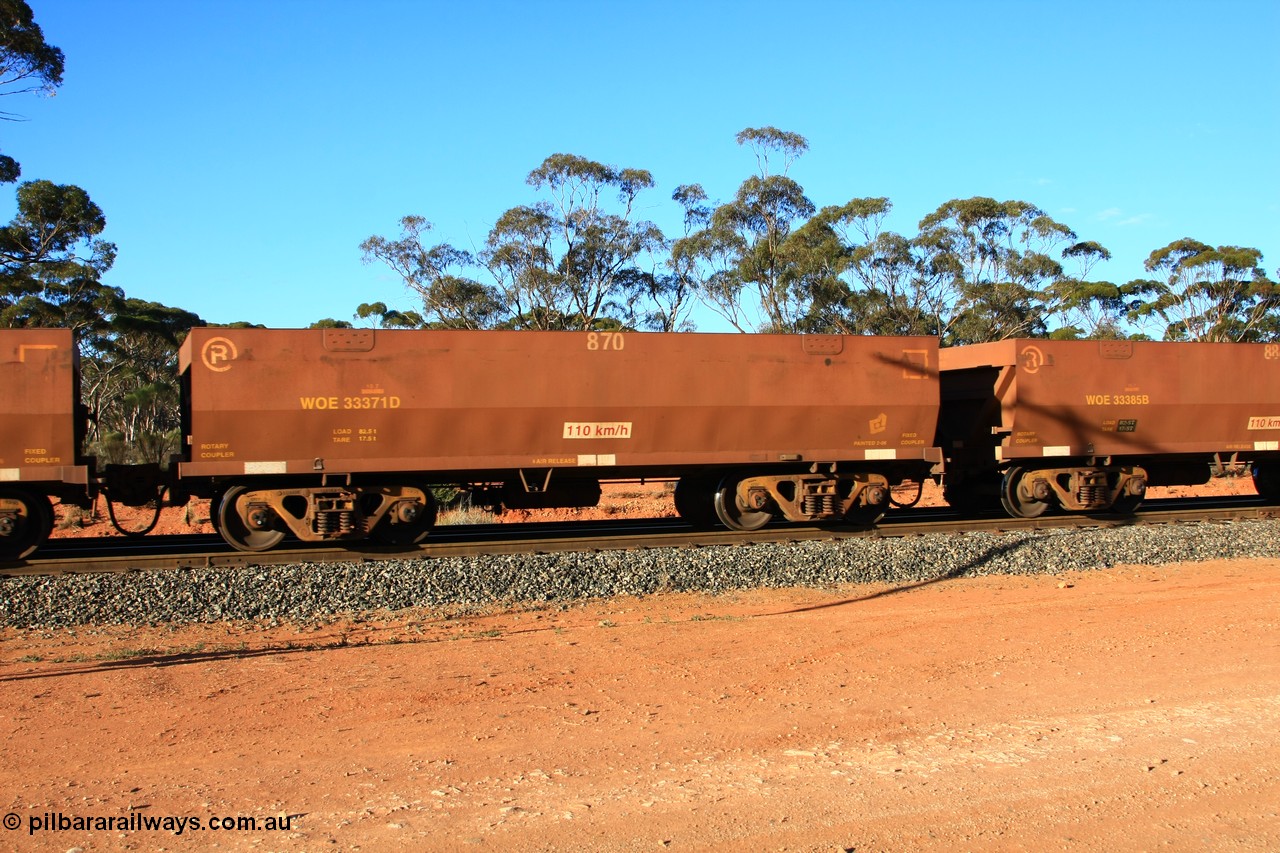 100731 03083
WOE type iron ore waggon WOE 33371 is one of a batch of one hundred and forty one built by United Goninan WA between November 2005 and April 2006 with serial number 950142-076 and fleet number 870 for Koolyanobbing iron ore operations, empty train arriving at Binduli Triangle, 31st July 2010.
Keywords: WOE-type;WOE33371;United-Goninan-WA;950142-076;