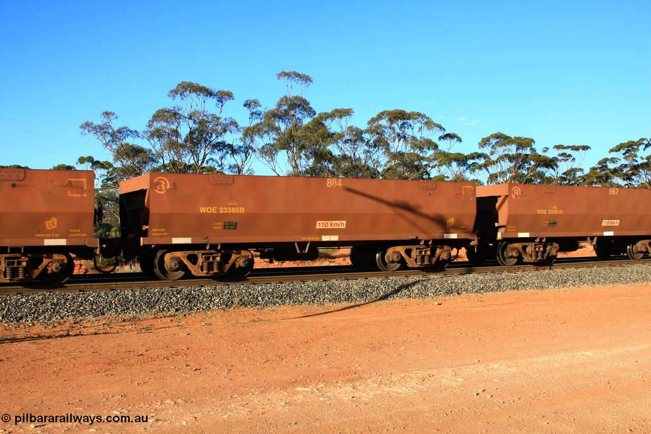 100731 03084
WOE type iron ore waggon WOE 33385 is one of a batch of one hundred and forty one built by United Group Rail WA between November 2005 and April 2006 with serial number 950142-090 and fleet number 884 for Koolyanobbing iron ore operations with PORTMAN painted out and the load revised to 82.5 tonnes, empty train arriving at Binduli Triangle, 31st July 2010.
Keywords: WOE-type;WOE33385;United-Group-Rail-WA;950142-090;