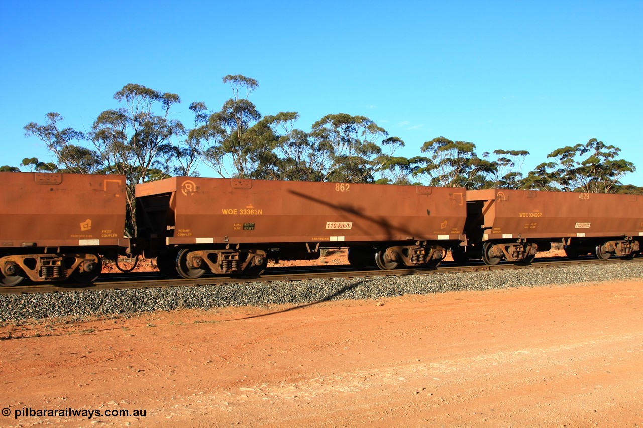 100731 03085
WOE type iron ore waggon WOE 33363 is one of a batch of one hundred and forty one built by United Goninan WA between November 2005 and April 2006 with serial number 950142-068 and fleet number 862 for Koolyanobbing iron ore operations, empty train arriving at Binduli Triangle, 31st July 2010.
Keywords: WOE-type;WOE33363;United-Goninan-WA;950142-068;