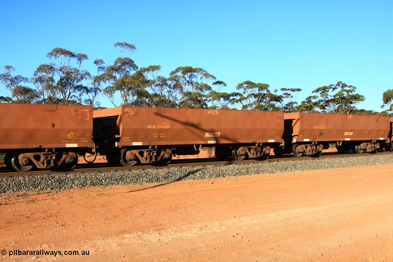 100731 03086
WOE type iron ore waggon WOE 33430 is one of a batch of one hundred and forty one built by United Group Rail WA between November 2005 and April 2006 with serial number 950142-135 and fleet number 8929 for Koolyanobbing iron ore operations, empty train arriving at Binduli Triangle, 31st July 2010.
Keywords: WOE-type;WOE33430;United-Group-Rail-WA;950142-135;