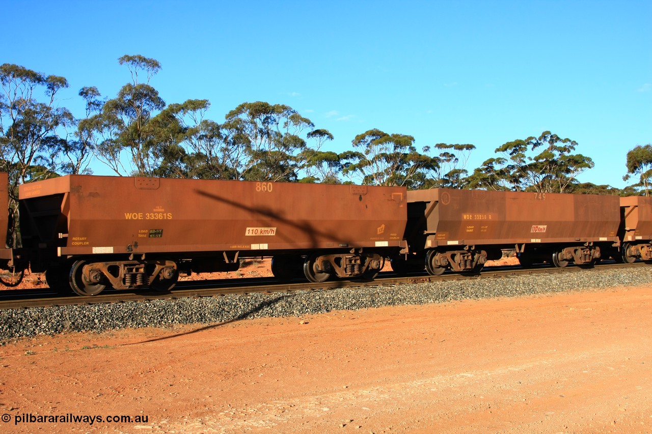 100731 03087
WOE type iron ore waggon WOE 33361 is one of a batch of one hundred and forty one built by United Goninan WA between November 2005 and April 2006 with serial number 950142-066 and fleet number 860 for Koolyanobbing iron ore operations, build date 01/2006 and a revised load of 82.5 tonnes with PORTMAN painted out, empty train arriving at Binduli Triangle, 31st July 2010.
Keywords: WOE-type;WOE33361;United-Goninan-WA;950142-066;