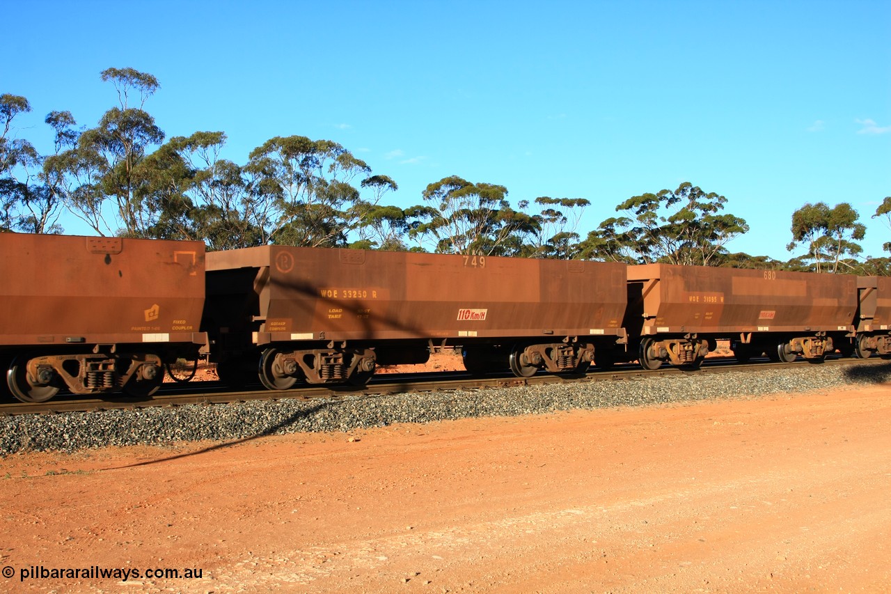 100731 03088
WOE type iron ore waggon WOE 33250 is one of a batch of twenty seven built by Goninan WA between September and October 2002 with serial number 950103-017 and fleet number 749 for Koolyanobbing iron ore operations, empty train arriving at Binduli Triangle, 31st July 2010.
Keywords: WOE-type;WOE33250;Goninan-WA;950103-017;