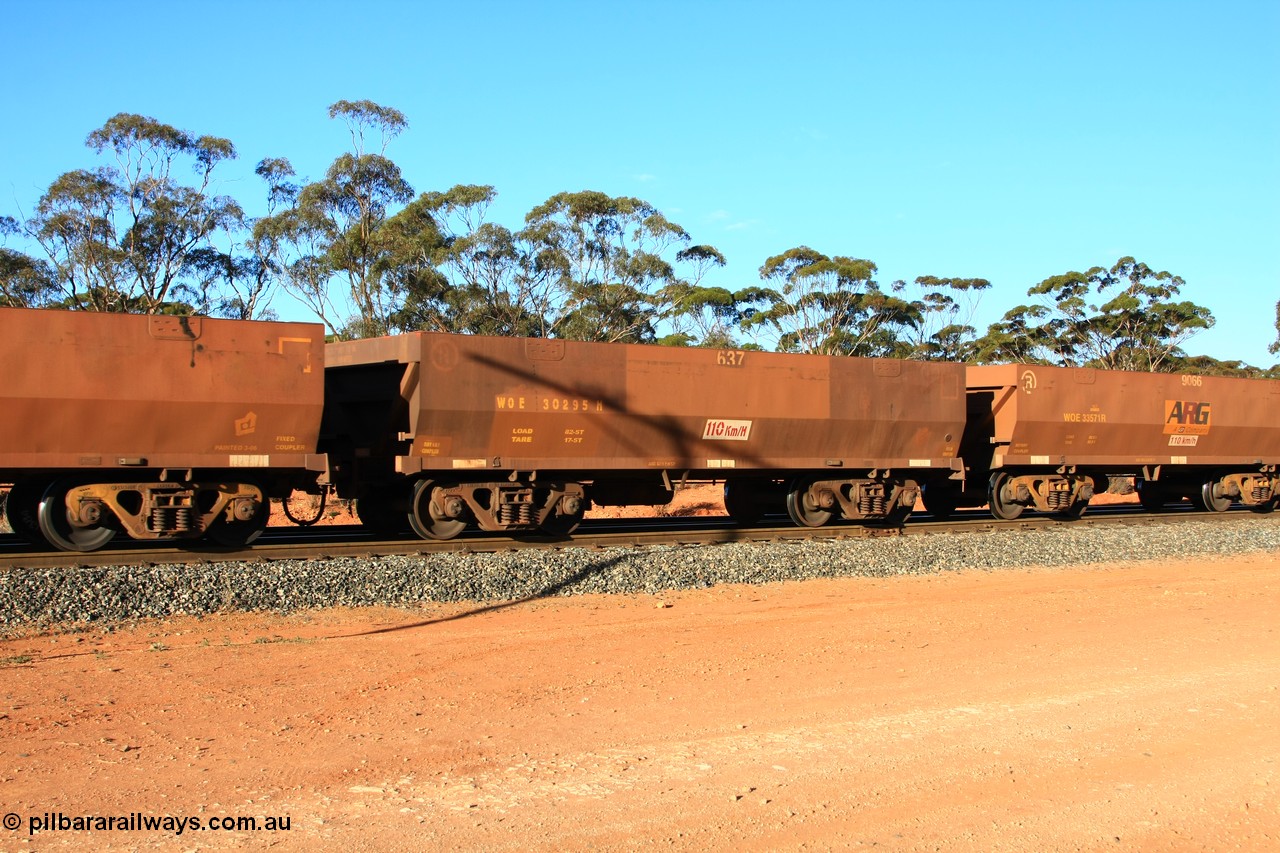 100731 03092
WOE type iron ore waggon WOE 30295 is one of a batch of one hundred and thirty built by Goninan WA between March and August 2001 with serial number 950092-045 and fleet number 637 for Koolyanobbing iron ore operations, empty train arriving at Binduli Triangle, 31st July 2010.
Keywords: WOE-type;WOE30295;Goninan-WA;950092-045;