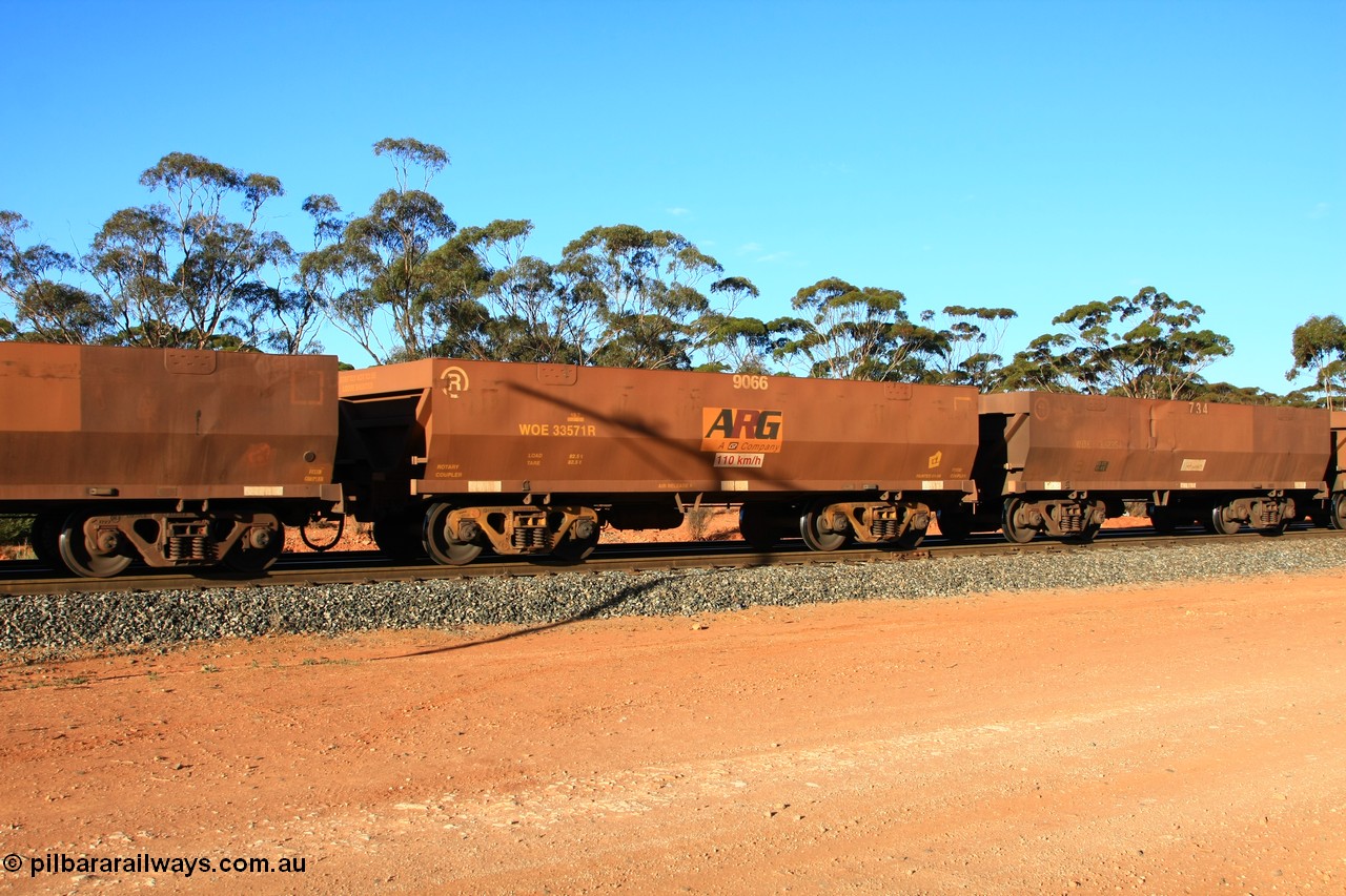 100731 03093
WOE type iron ore waggon WOE 33571 is one of a batch of one hundred and twenty eight built by United Group Rail WA between August 2008 and March 2009 with serial number 950211-111 and fleet number 9066 for Koolyanobbing iron ore operations, empty train arriving at Binduli Triangle, 31st July 2010.
Keywords: WOE-type;WOE33571;United-Group-Rail-WA;950211-111;