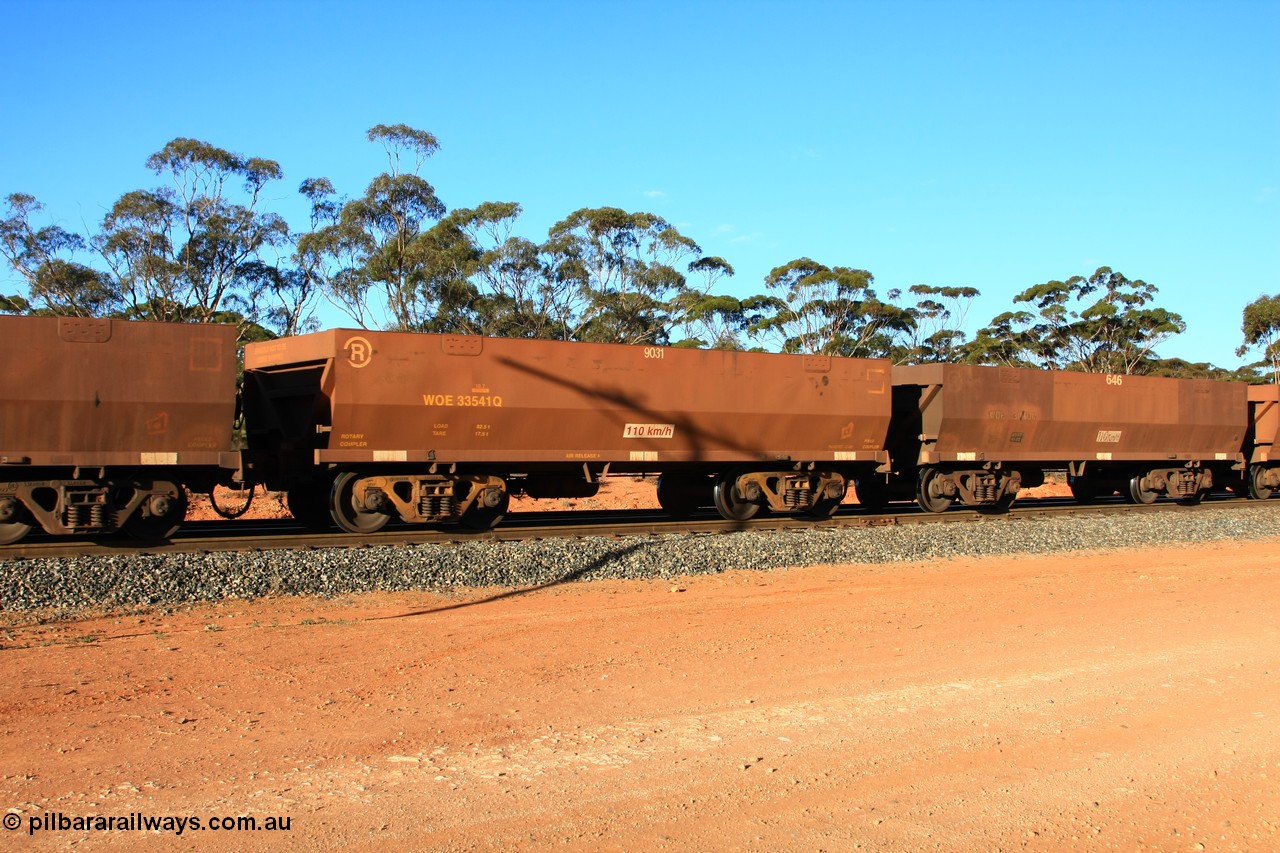 100731 03095
WOE type iron ore waggon WOE 33541 is one of a batch of one hundred and twenty eight built by United Group Rail WA between August 2008 and March 2009 with serial number 950211-081 and fleet number 9031 for Koolyanobbing iron ore operations, empty train arriving at Binduli Triangle, 31st July 2010.
Keywords: WOE-type;WOE33541;United-Group-Rail-WA;950211-081;