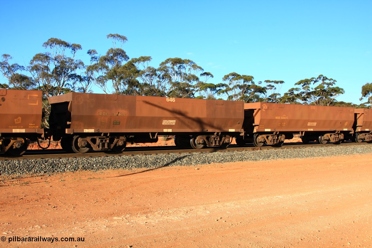 100731 03096
WOE type iron ore waggon WOE 31060 is one of a batch of fifteen built by Goninan WA between April and May 2002 with fleet number 646 for Koolyanobbing iron ore operations, empty train arriving at Binduli Triangle, 31st July 2010.
Keywords: WOE-type;WOE31060;Goninan-WA;