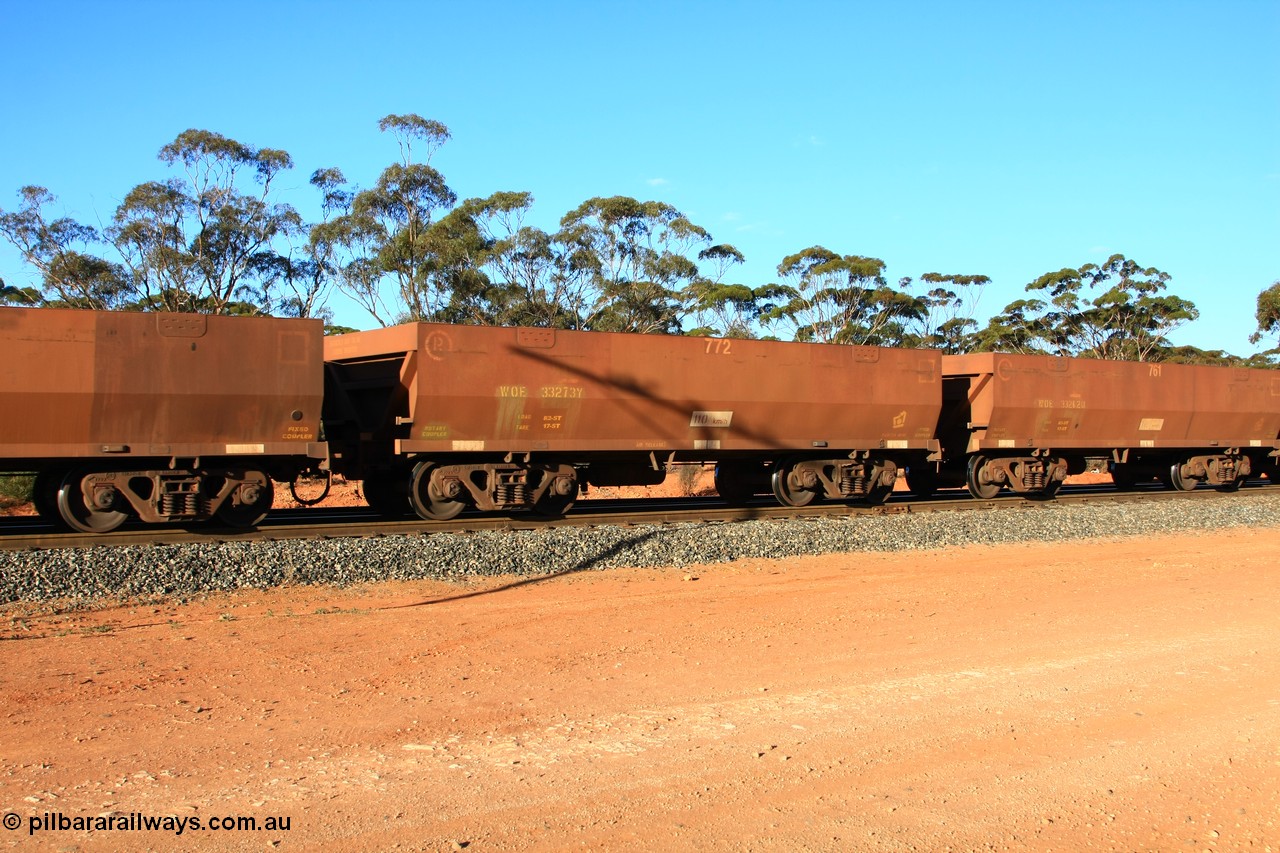 100731 03101
WOE type iron ore waggon WOE 33272 is one of a batch of thirty five built by Goninan WA between January and April 2005 with serial number 950104-012 and fleet number 771 for Koolyanobbing iron ore operations, empty train arriving at Binduli Triangle, 31st July 2010.
Keywords: WOE-type;WOE33272;Goninan-WA;950104-012;