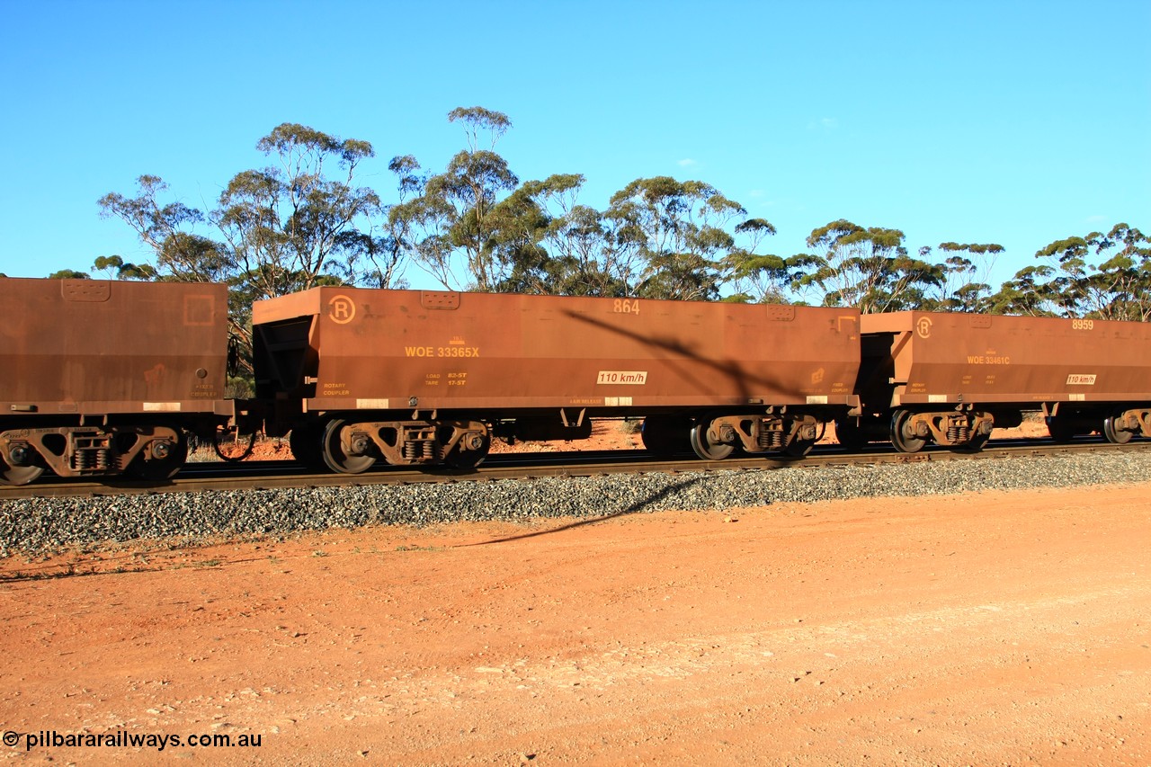 100731 03109
WOE type iron ore waggon WOE 33365 is one of a batch of one hundred and forty one built by United Goninan WA between November 2005 and April 2006 with serial number 950142-070 and fleet number 864 for Koolyanobbing iron ore operations, empty train arriving at Binduli Triangle, 31st July 2010.
Keywords: WOE-type;WOE33365;United-Goninan-WA;950142-070;