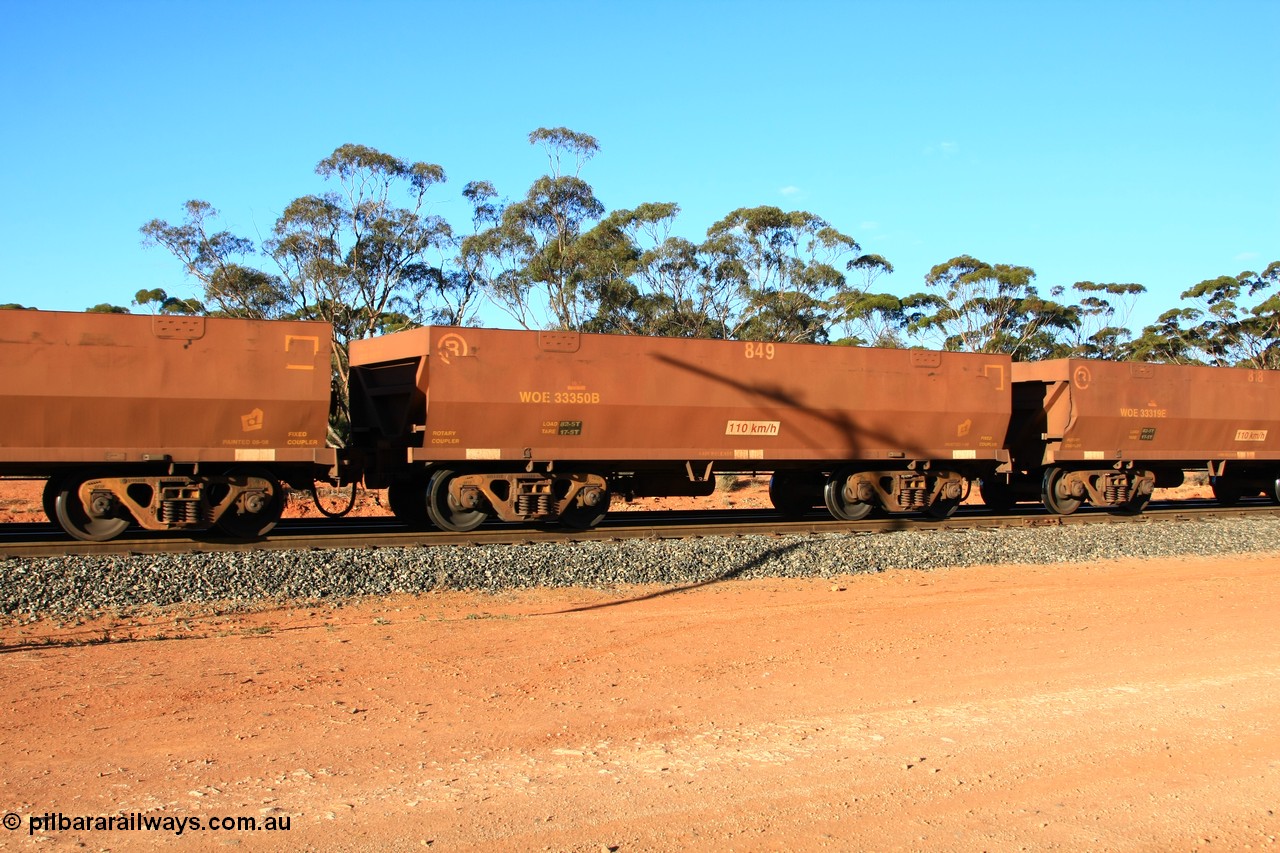 100731 03111
WOE type iron ore waggon WOE 33350 is one of a batch of one hundred and forty one built by United Goninan WA between November 2005 and April 2006 with serial number 950142-055 and fleet number 849 for Koolyanobbing iron ore operations, empty train arriving at Binduli Triangle, 31st July 2010.
Keywords: WOE-type;WOE33350;United-Goninan-WA;950142-055;
