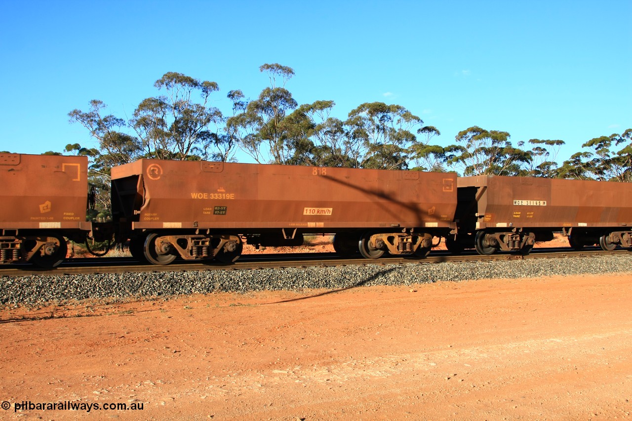 100731 03112
WOE type iron ore waggon WOE 33319 is one of a batch of one hundred and forty one built by United Goninan WA between November 2005 and April 2006 with serial number 950142-024 and fleet number 818 for Koolyanobbing iron ore operations, empty train arriving at Binduli Triangle, 31st July 2010.
Keywords: WOE-type;WOE33319;United-Goninan-WA;950142-024;
