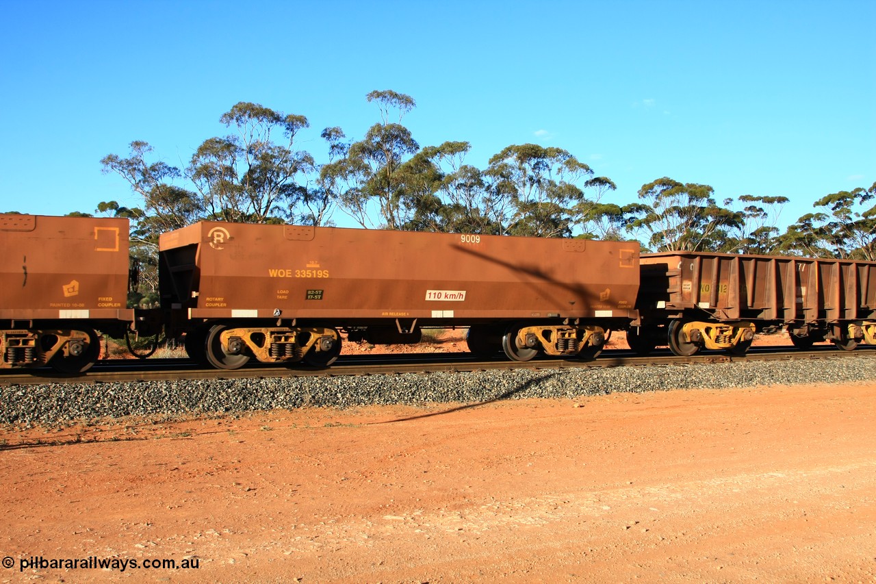 100731 03115
WOE type iron ore waggon WOE 33519 is one of a batch of one hundred and twenty eight built by United Group Rail WA between August 2008 and March 2009 with serial number 950211-059 and fleet number 9009 for Koolyanobbing iron ore operations, empty train arriving at Binduli Triangle, 31st July 2010.
Keywords: WOE-type;WOE33519;United-Group-Rail-WA;950211-059;