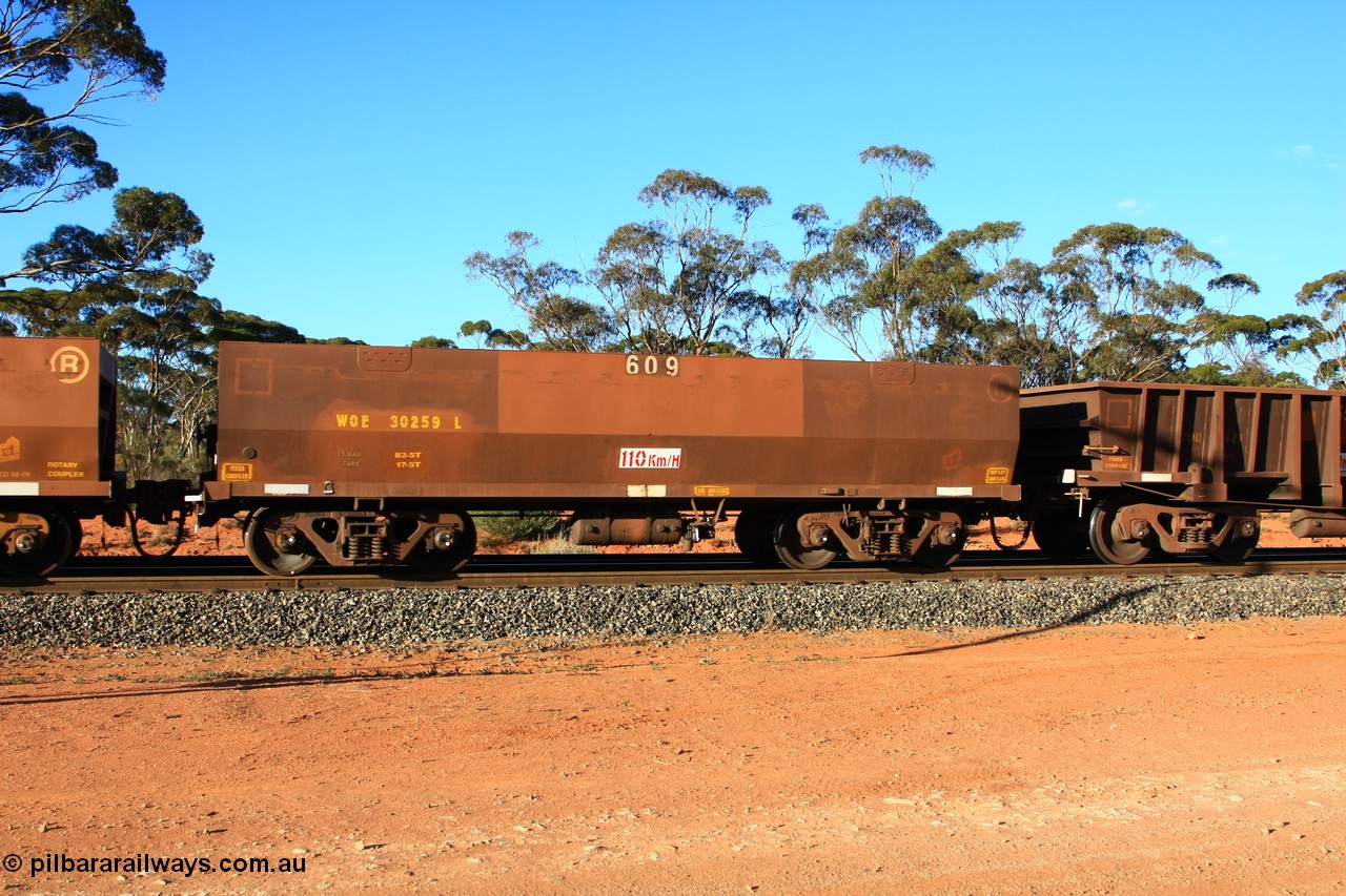 100731 03120
WOE type iron ore waggon WOE 30259 is one of a batch of one hundred and thirty built by Goninan WA between March and August 2001 with serial number 950092-009 and fleet number 609 for Koolyanobbing iron ore operations, empty train arriving at Binduli Triangle, 31st July 2010.
Keywords: WOE-type;WOE30259;Goninan-WA;950092-009;