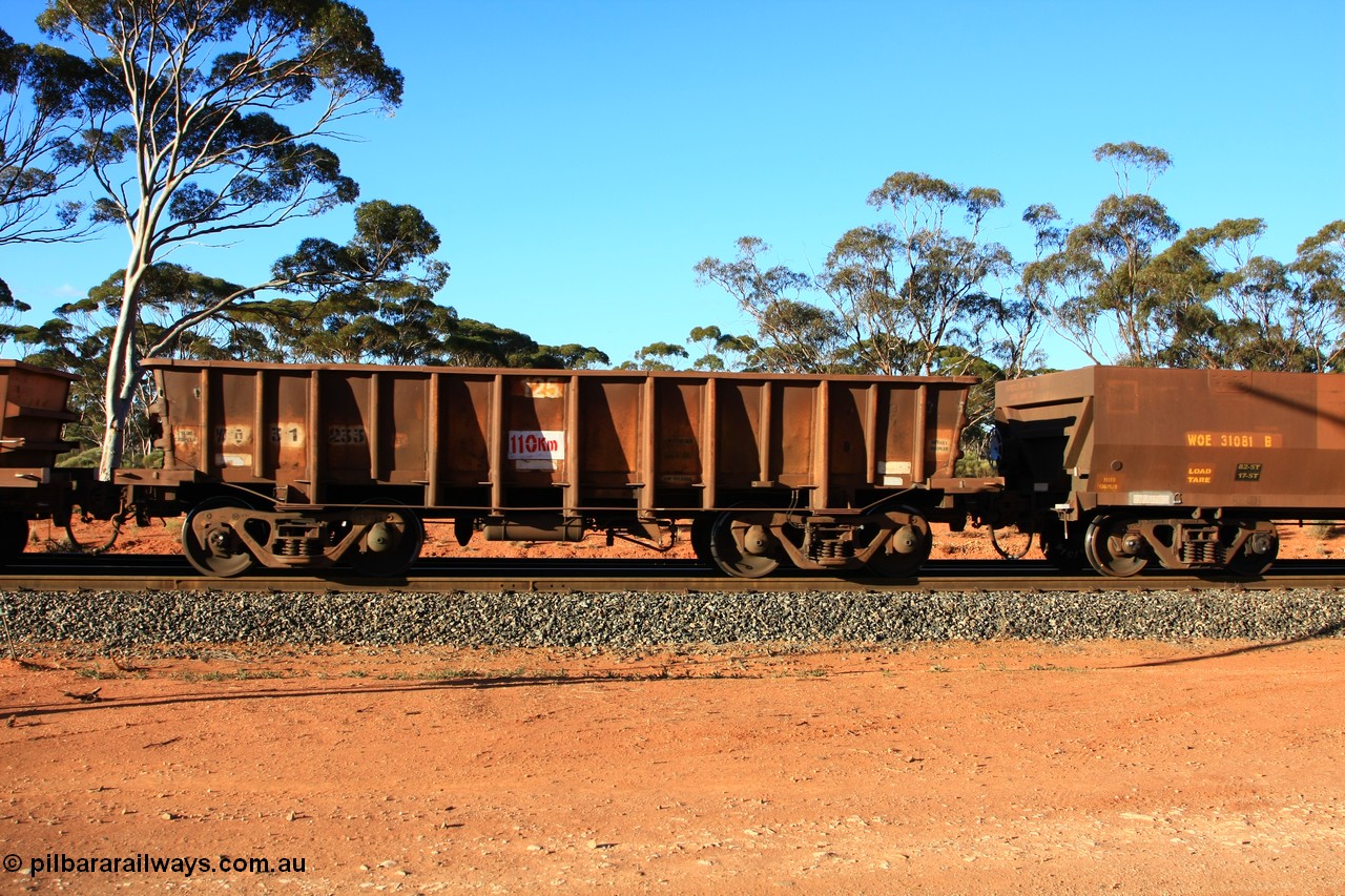100731 03124
WO type iron ore waggon WO 31233 is one of a batch of eighty six built by WAGR Midland Workshops between 1967 and March 1968 with fleet number 125 for Koolyanobbing iron ore operations, with a 75 ton and 1018 ft³ capacity, empty train arriving at Binduli Triangle, 31st July 2010. This unit was converted to WOC for coal in 1986 till 1994 when it was re-classed back to WO.
Keywords: WO-type;WO31233;WAGR-Midland-WS;