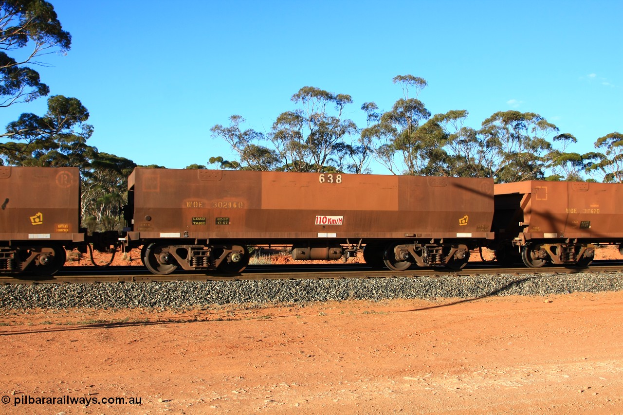 100731 03126
WOE type iron ore waggon WOE 30296 is one of a batch of one hundred and thirty built by Goninan WA between March and August 2001 with serial number 950092-046 and fleet number 638 for Koolyanobbing iron ore operations, empty train arriving at Binduli Triangle, 31st July 2010.
Keywords: WOE-type;WOE30296;Goninan-WA;950092-046;