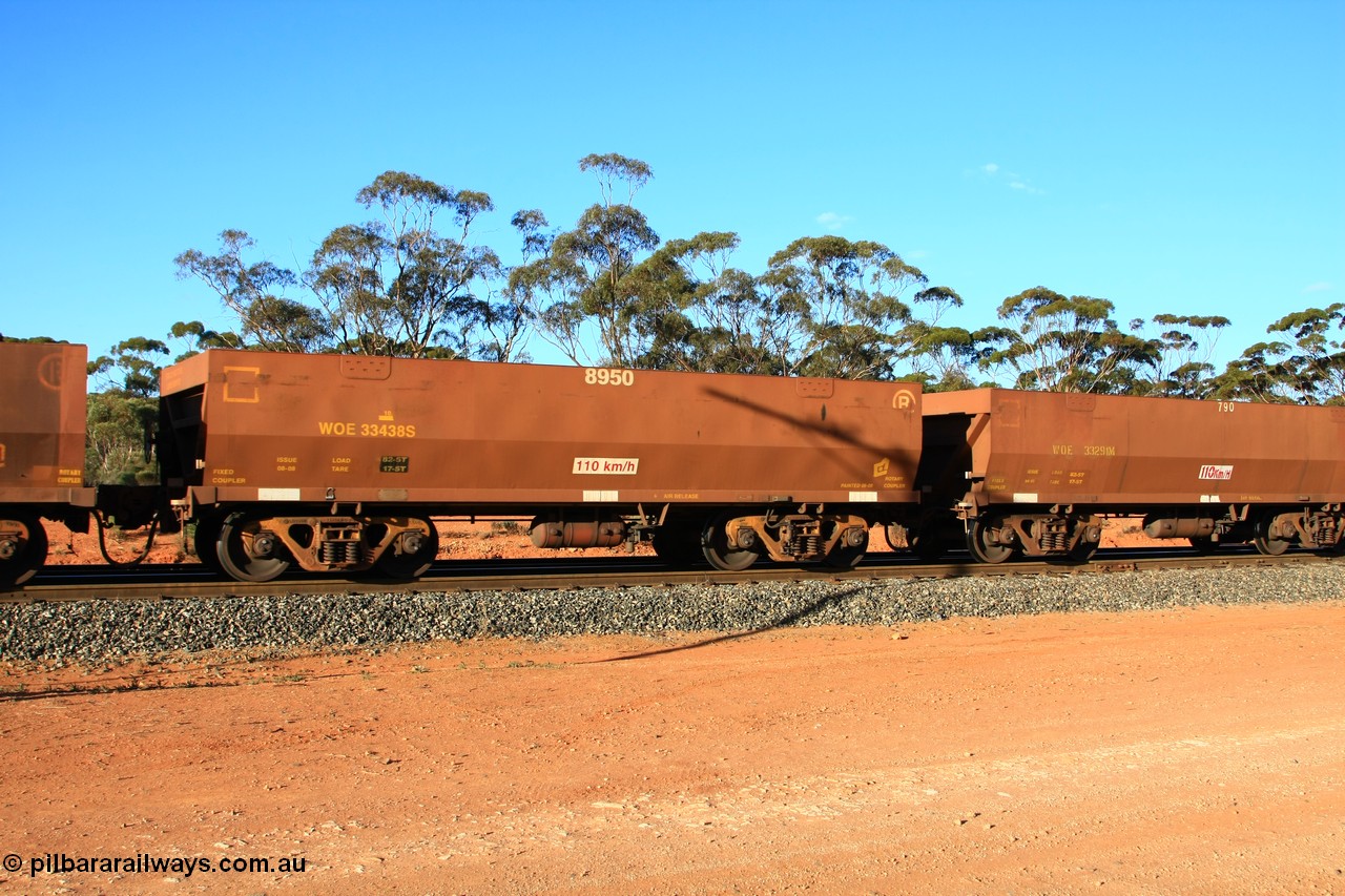 100731 03129
WOE type iron ore waggon WOE 33438 is one of a batch of seventeen built by United Group Rail WA between July and August 2008 with serial number 950209-002 and fleet number 8950 for Koolyanobbing iron ore operations, empty train arriving at Binduli Triangle, 31st July 2010.
Keywords: WOE-type;WOE33438;United-Group-Rail-WA;950209-002;