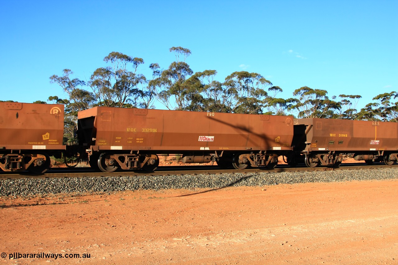 100731 03130
WOE type iron ore waggon WOE 33291 is one of a batch of thirty five built by United Goninan WA between January and April 2005 with serial number 950104-031 and fleet number 790 for Koolyanobbing iron ore operations, empty train arriving at Binduli Triangle, 31st July 2010.
Keywords: WOE-type;WOE33291;United-Goninan-WA;950104-031;