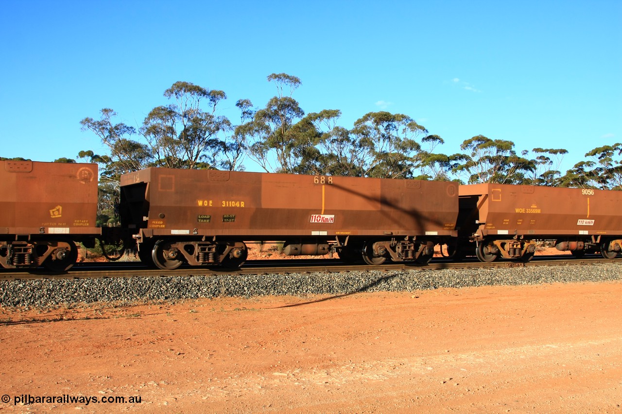 100731 03131
WOE type iron ore waggon WOE 31104 is one of a batch of one hundred and thirty built by Goninan WA between March and August 2001 with serial number 950092-094 and fleet number 688 for Koolyanobbing iron ore operations, empty train arriving at Binduli Triangle, 31st July 2010.
Keywords: WOE-type;WOE31104;Goninan-WA;950092-094;