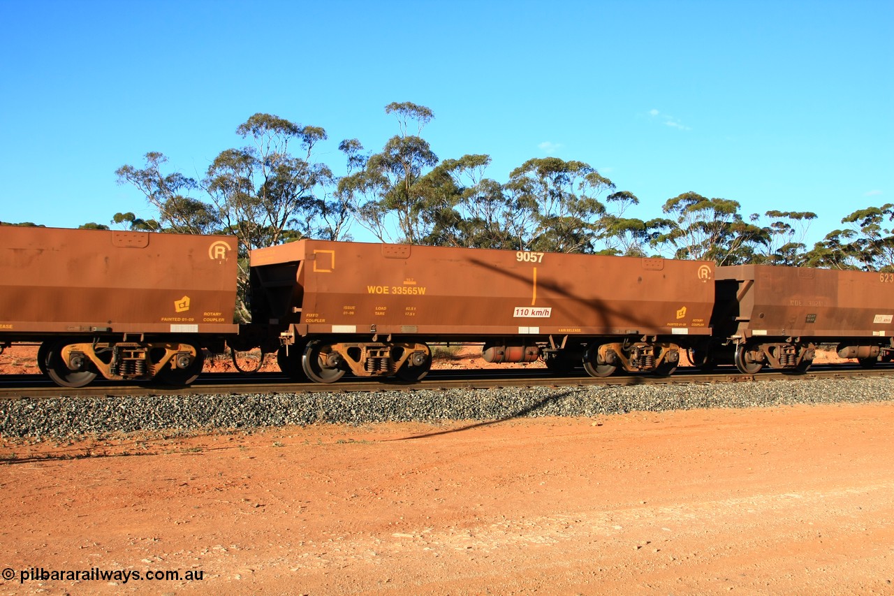 100731 03133
WOE type iron ore waggon WOE 33565 is one of a batch of one hundred and twenty eight built by United Group Rail WA between August 2008 and March 2009 with serial number 950211-105 and fleet number 9057 for Koolyanobbing iron ore operations, empty train arriving at Binduli Triangle, 31st July 2010.
Keywords: WOE-type;WOE33565;United-Group-Rail-WA;950211-105;