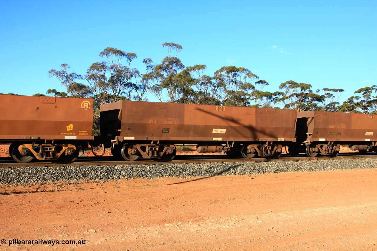 100731 03134
WOE type iron ore waggon WOE 30281 is one of a batch of one hundred and thirty built by Goninan WA between March and August 2001 with serial number 950092-031 and fleet number 623 for Koolyanobbing iron ore operations, empty train arriving at Binduli Triangle, 31st July 2010.
Keywords: WOE-type;WOE30281;Goninan-WA;950092-031;