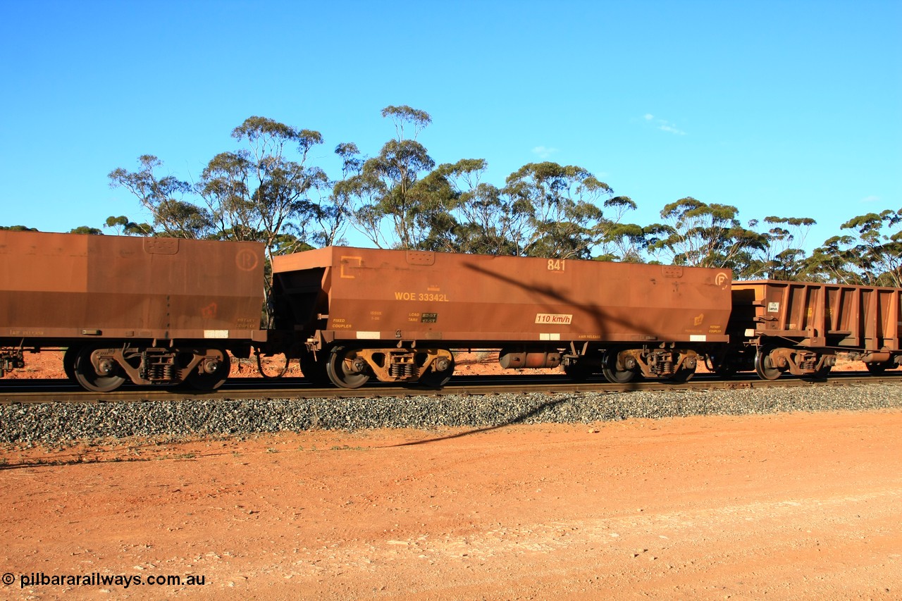 100731 03136
WOE type iron ore waggon WOE 33342 is one of a batch of one hundred and forty one built by United Goninan WA between November 2005 and April 2006 with serial number 950142-047 and fleet number 841 for Koolyanobbing iron ore operations, empty train arriving at Binduli Triangle, 31st July 2010.
Keywords: WOE-type;WOE33342;United-Goninan-WA;950142-047;