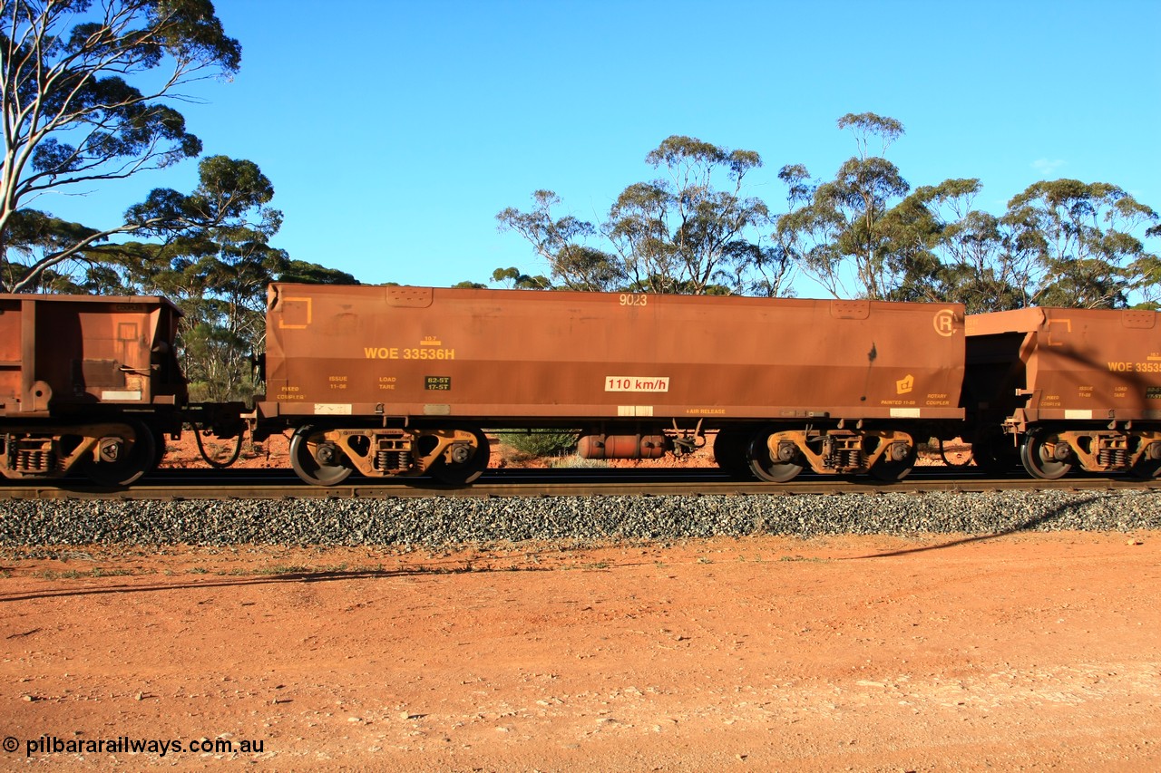 100731 03142
WOE type iron ore waggon WOE 33536 is one of a batch of one hundred and twenty eight built by United Group Rail WA between August 2008 and March 2009 with serial number 950211-076 and fleet number 9023 for Koolyanobbing iron ore operations, empty train arriving at Binduli Triangle, 31st July 2010.
Keywords: WOE-type;WOE33536;United-Group-Rail-WA;950211-076;
