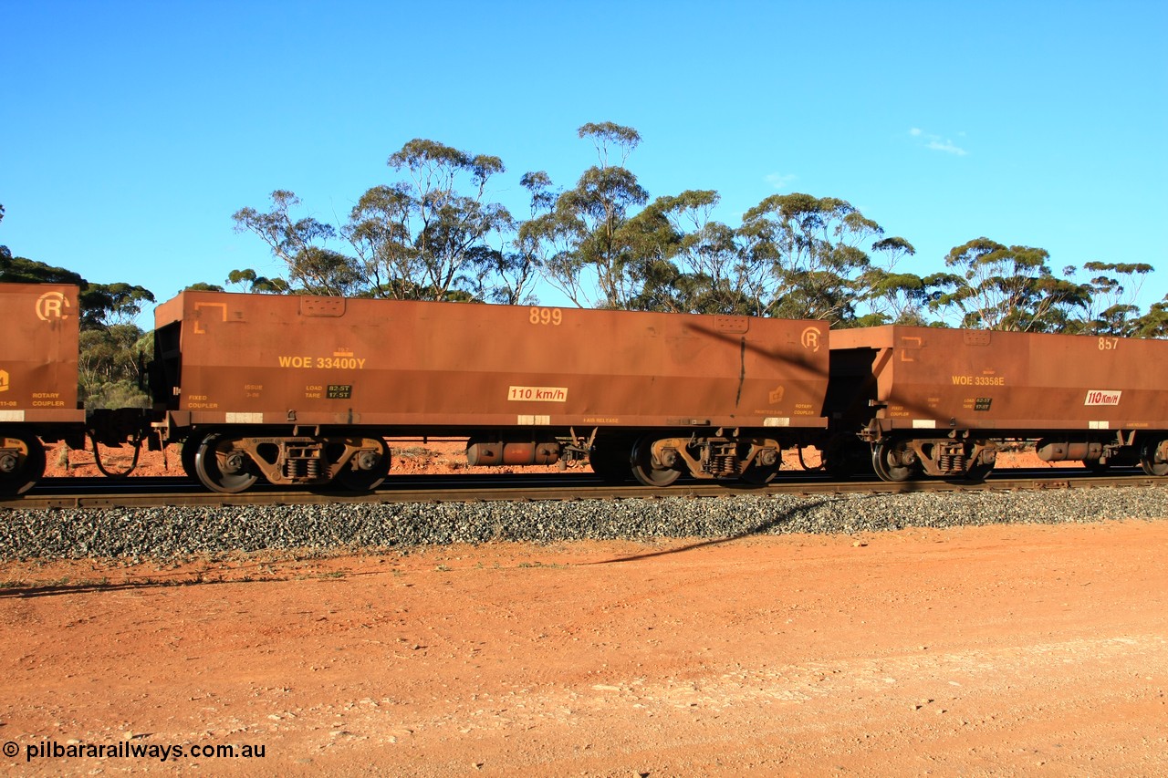 100731 03144
WOE type iron ore waggon WOE 33400 is one of a batch of one hundred and forty one built by United Group Rail WA between November 2005 and April 2006 with serial number 950142-105 and fleet number 899 for Koolyanobbing iron ore operations, empty train arriving at Binduli Triangle, 31st July 2010.
Keywords: WOE-type;WOE33400;United-Group-Rail-WA;950142-105;