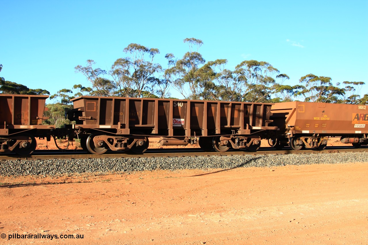 100731 03147
WOD type iron ore waggon WOD 31477 is one of a batch of sixty two built by Goninan WA between April and August 2000 with serial number 950086-049 and fleet number 540 for Koolyanobbing iron ore operations with a 75 ton capacity for Portman Mining to cart their Koolyanobbing iron ore to Esperance, PORTMAN has been painted out, empty train arriving at Binduli Triangle, 31st July 2010.
Keywords: WOD-type;WOD31477;Goninan-WA;950086-049;