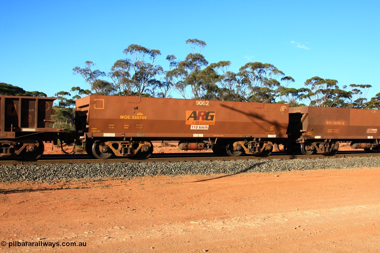 100731 03148
WOE type iron ore waggon WOE 33574 is one of a batch of one hundred and twenty eight built by United Group Rail WA between August 2008 and March 2009 with serial number 950211-114 and fleet number 9062 for Koolyanobbing iron ore operations, empty train arriving at Binduli Triangle, 31st July 2010.
Keywords: WOE-type;WOE33574;United-Group-Rail-WA;950211-114;