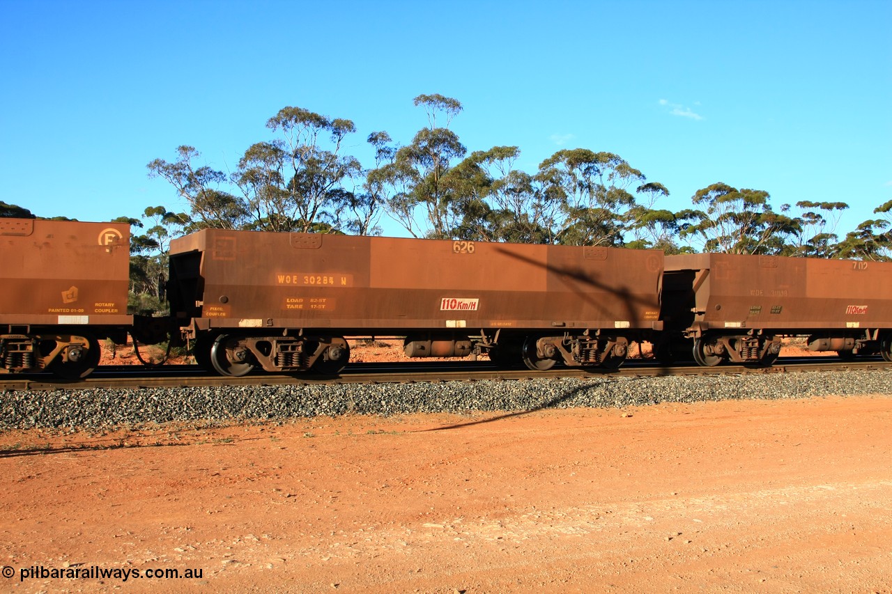 100731 03149
WOE type iron ore waggon WOE 30284 is one of a batch of one hundred and thirty built by Goninan WA between March and August 2001 with serial number 950092-034 and fleet number 626 for Koolyanobbing iron ore operations of 83 tonne load capacity, but with revised load of 82.5 tonne and PORTMAN painted out, empty train arriving at Binduli Triangle, 31st July 2010.
Keywords: WOE-type;WOE30284;Goninan-WA;950092-034;