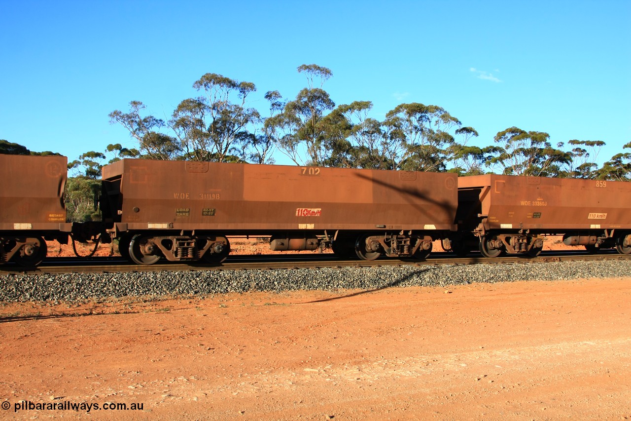 100731 03150
WOE type iron ore waggon WOE 31119 is one of a batch of one hundred and thirty built by Goninan WA between March and August 2001 with serial number 950092-109 and fleet number 702 for Koolyanobbing iron ore operations with PORTMAN painted out and the load revised to 82.5 tonnes, empty train arriving at Binduli Triangle, 31st July 2010.
Keywords: WOE-type;WOE31119;Goninan-WA;950092-109;
