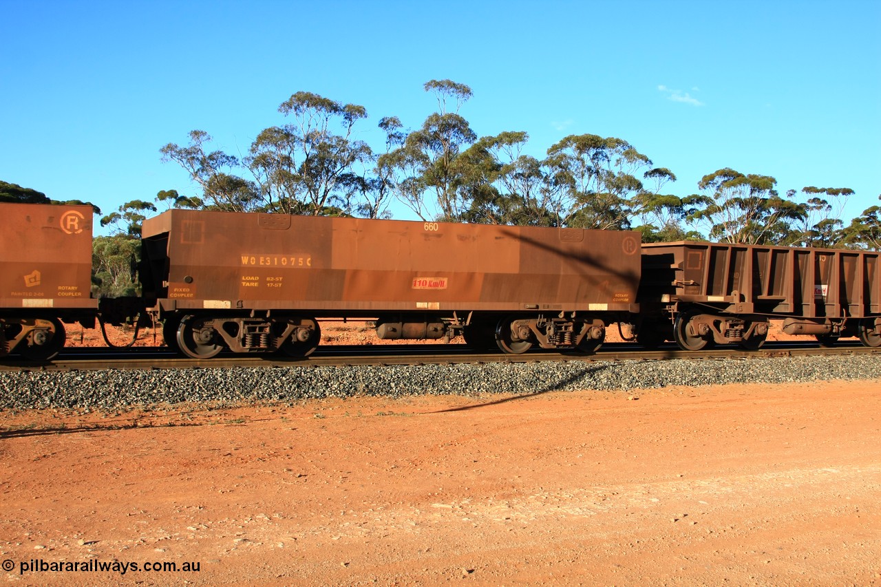 100731 03155
WOE type iron ore waggon WOE 31075 is one of a batch of one hundred and thirty built by Goninan WA between March and August 2001 with serial number 950092-065 and fleet number 660 for Koolyanobbing iron ore operations with PORTMAN painted out and the load revised to 82.5 tonnes, empty train arriving at Binduli Triangle, 31st July 2010.
Keywords: WOE-type;WOE31075;Goninan-WA;950092-065;