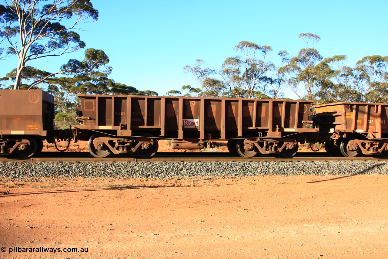 100731 03156
WOD type iron ore waggon WOD 31452 is one of a batch of sixty two built by Goninan WA between April and August 2000 with serial number 950086-024 and fleet number 515 for Koolyanobbing iron ore operations with a 75 ton capacity for Portman Mining to cart their Koolyanobbing iron ore to Esperance, PORTMAN has been painted out, empty train arriving at Binduli Triangle, 31st July 2010.
Keywords: WOD-type;WOD31452;Goninan-WA;950086-024;