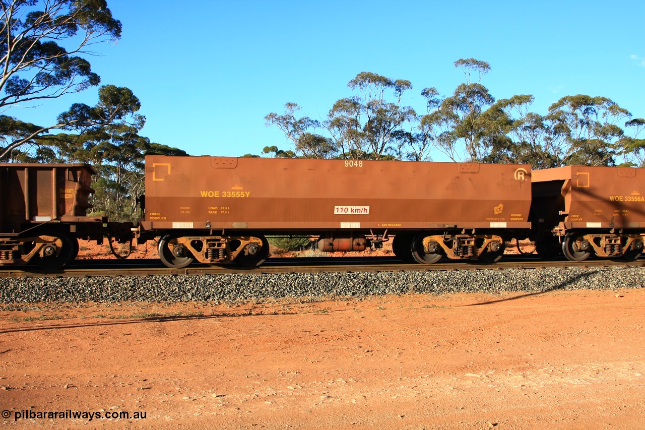 100731 03158
WOE type iron ore waggon WOE 33555 is one of a batch of one hundred and twenty eight built by United Group Rail WA between August 2008 and March 2009 with serial number 950211-095 and fleet number 9048 for Koolyanobbing iron ore operations, empty train arriving at Binduli Triangle, 31st July 2010.
Keywords: WOE-type;WOE33555;United-Group-Rail-WA;950211-095;