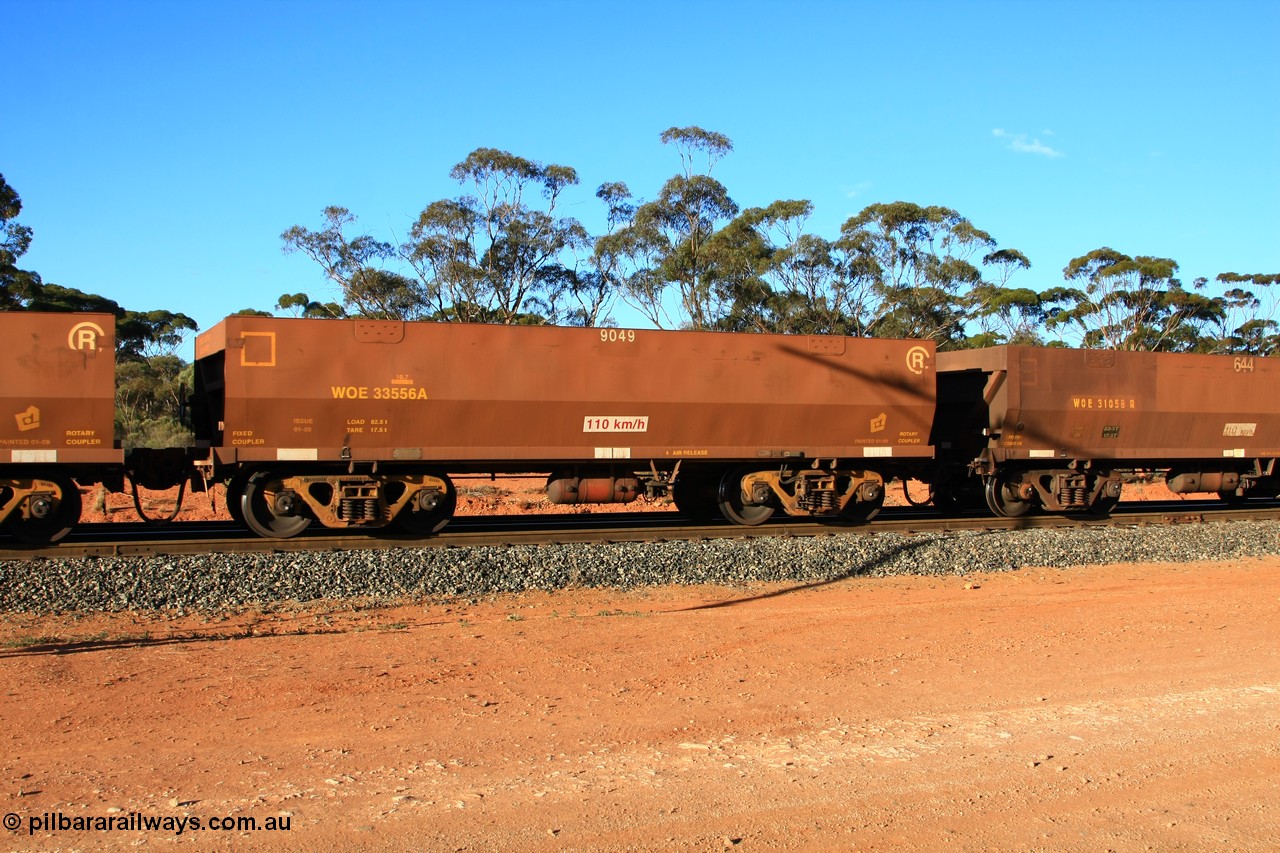 100731 03159
WOE type iron ore waggon WOE 33556 is one of a batch of one hundred and twenty eight built by United Group Rail WA between August 2008 and March 2009 with serial number 950211-096 and fleet number 9049 for Koolyanobbing iron ore operations, empty train arriving at Binduli Triangle, 31st July 2010.
Keywords: WOE-type;WOE33556;United-Group-Rail-WA;950211-096;