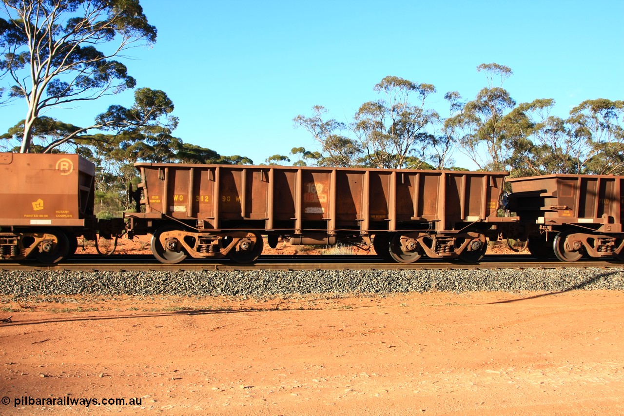 100731 03162
WO type iron ore waggon WO 31290 is one of a batch of fifteen built by WAGR Midland Workshops between July and October 1968 with fleet number 169 for Koolyanobbing iron ore operations, with a 75 ton and 1018 ft³ capacity, empty train arriving at Binduli Triangle, 31st July 2010.
Keywords: WO-type;WO31290;WAGR-Midland-WS;
