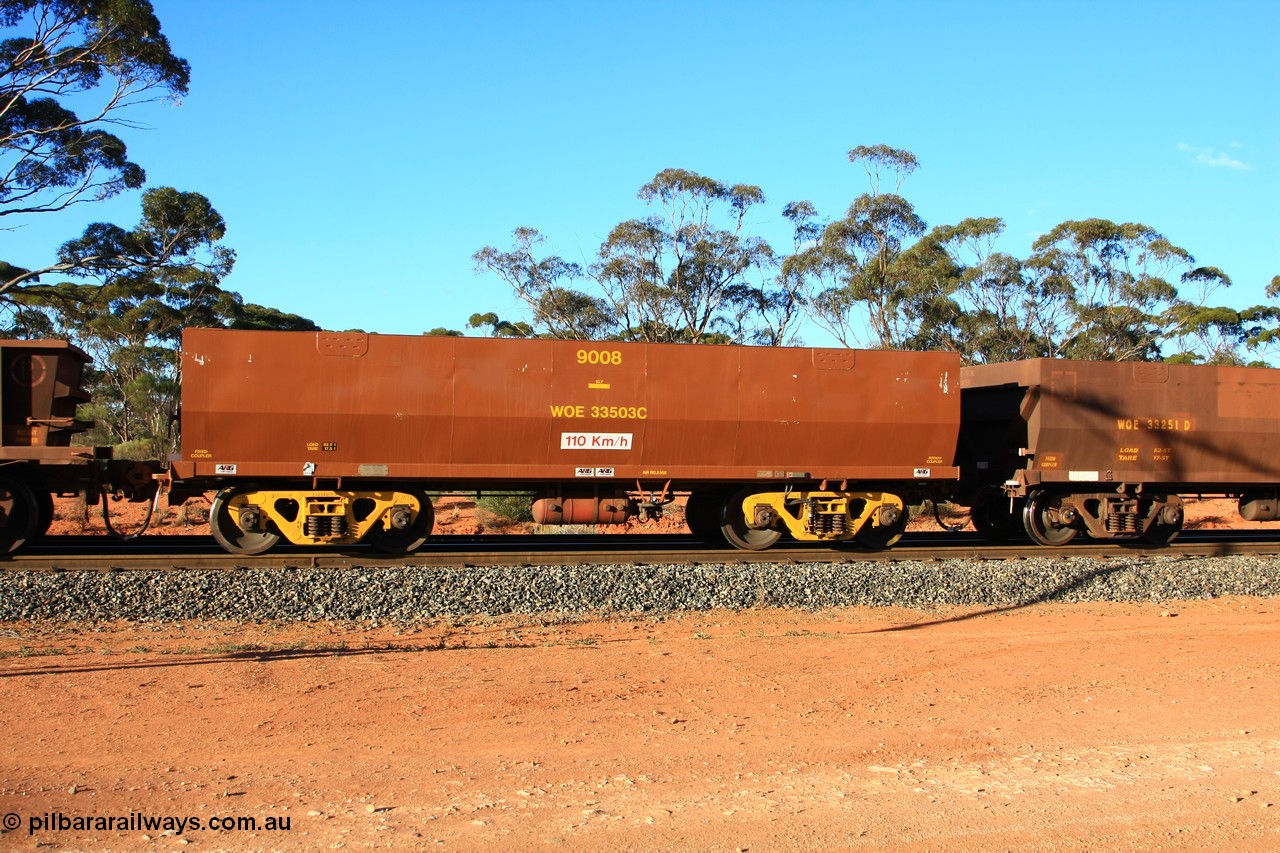 100731 03164
WOE type iron ore waggon WOE 33503 is one of a batch of one hundred and twenty eight built by United Group Rail WA between August 2008 and March 2009 with serial number 950211-043 and fleet number 9008 for Koolyanobbing iron ore operations, looks to have been repainted, small ARG decals and number board painted in the middle of waggon, empty train arriving at Binduli Triangle, 31st July 2010.
Keywords: WOE-type;WOE33503;United-Group-Rail-WA;950211-043;