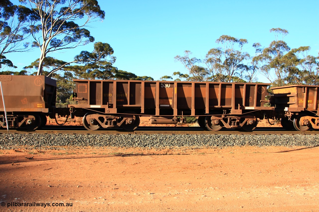 100731 03168
WOD type iron ore waggon WOD 31467 is one of a batch of sixty two built by Goninan WA between April and August 2000 with serial number 950086-039 and fleet number 530 for Koolyanobbing iron ore operations with a 75 ton capacity for Portman Mining to cart their Koolyanobbing iron ore to Esperance, PORTMAN has been painted out, empty train arriving at Binduli Triangle, 31st July 2010.
Keywords: WOD-type;WOD31467;Goninan-WA;950086-039;