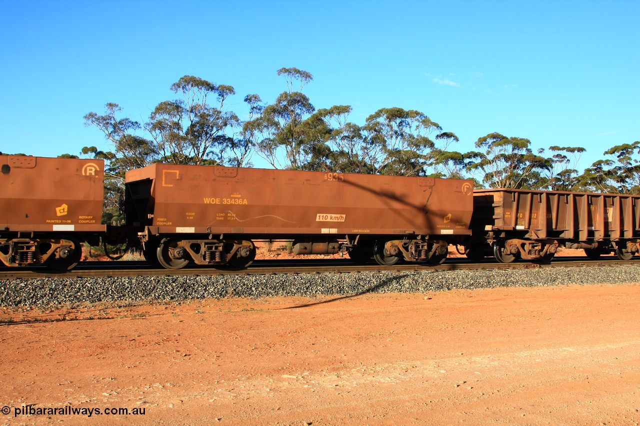 100731 03173
WOE type iron ore waggon WOE 33436 is one of a batch of one hundred and forty one built by United Group Rail WA between November 2005 and April 2006 with serial number 950142-141 and fleet number 8935 for Koolyanobbing iron ore operations with the 8 being an addition as the fleet size has increased beyond 1000 waggons, 82.5 ton capacity and build date of 04/2006 waggon for Portman Mining, empty train arriving at Binduli Triangle, 31st July 2010.
Keywords: WOE-type;WOE33436;United-Group-Rail-WA;950142-141;