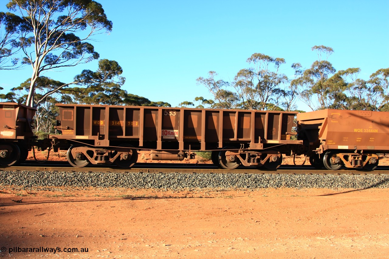 100731 03176
WOD type iron ore waggon WOD 31470 is one of a batch of sixty two built by Goninan WA between April and August 2000 with serial number 950086-042 and fleet number 533 for Koolyanobbing iron ore operations with a 75 ton capacity for Portman Mining to cart their Koolyanobbing iron ore to Esperance, PORTMAN has been painted out, empty train arriving at Binduli Triangle, 31st July 2010.
Keywords: WOD-type;WOD31470;Goninan-WA;950086-042;