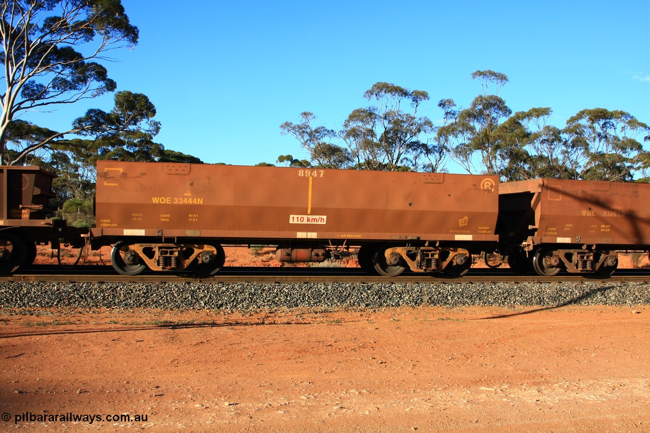 100731 03177
WOE type iron ore waggon WOE 33444 is one of a batch of seventeen built by United Group Rail WA between July and August 2008 with serial number 950209-008 and fleet number 8947 for Koolyanobbing iron ore operations, empty train arriving at Binduli Triangle, 31st July 2010.
Keywords: WOE-type;WOE33444;United-Group-Rail-WA;950209-008;