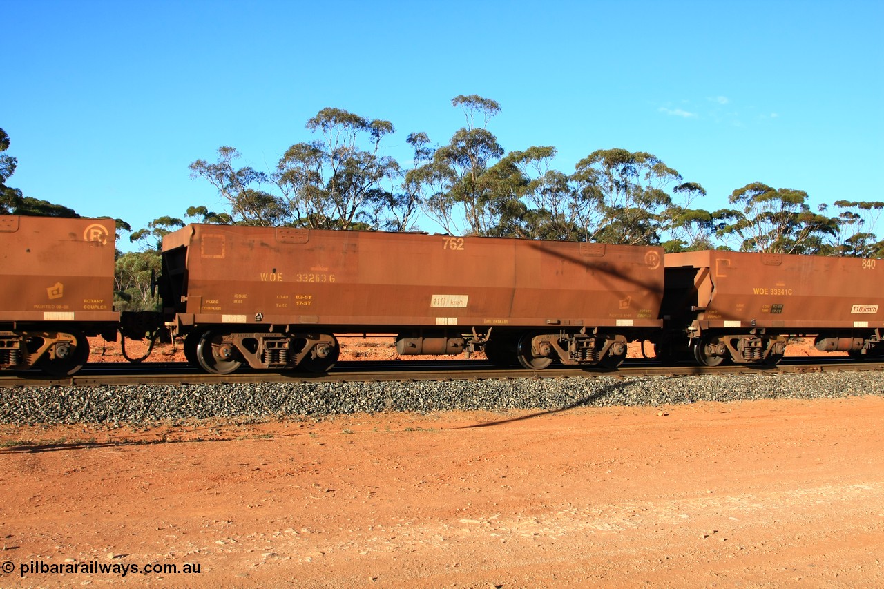 100731 03178
WOE type iron ore waggon WOE 33263 is one of a batch of thirty five built by Goninan WA between January and April 2005 with serial number 950104-003 and fleet number 762 for Koolyanobbing iron ore operations, empty train arriving at Binduli Triangle, 31st July 2010.
Keywords: WOE-type;WOE33263;Goninan-WA;950104-003;