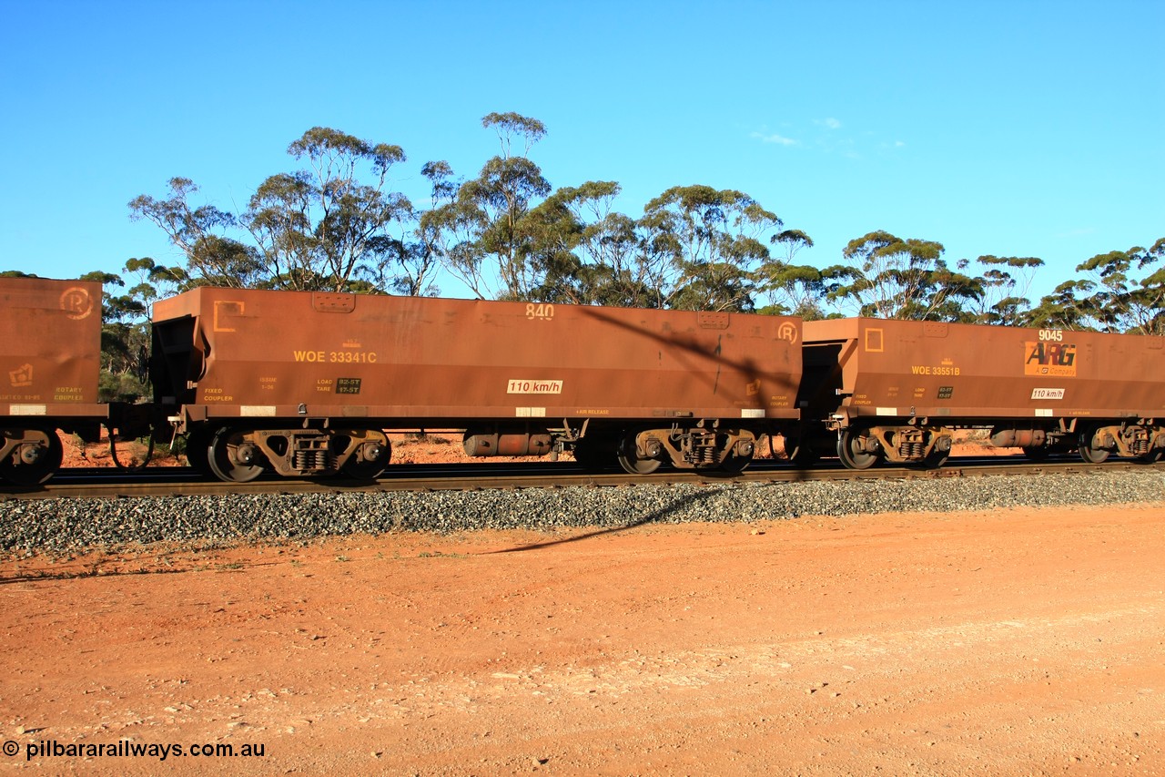 100731 03179
WOE type iron ore waggon WOE 33341 is one of a batch of one hundred and forty one built by United Goninan WA between November 2005 and April 2006 with serial number 950142-046 and fleet number 840 for Koolyanobbing iron ore operations with and a load of 82.5 tonnes, empty train arriving at Binduli Triangle, 31st July 2010.
Keywords: WOE-type;WOE33341;United-Goninan-WA;950142-046;
