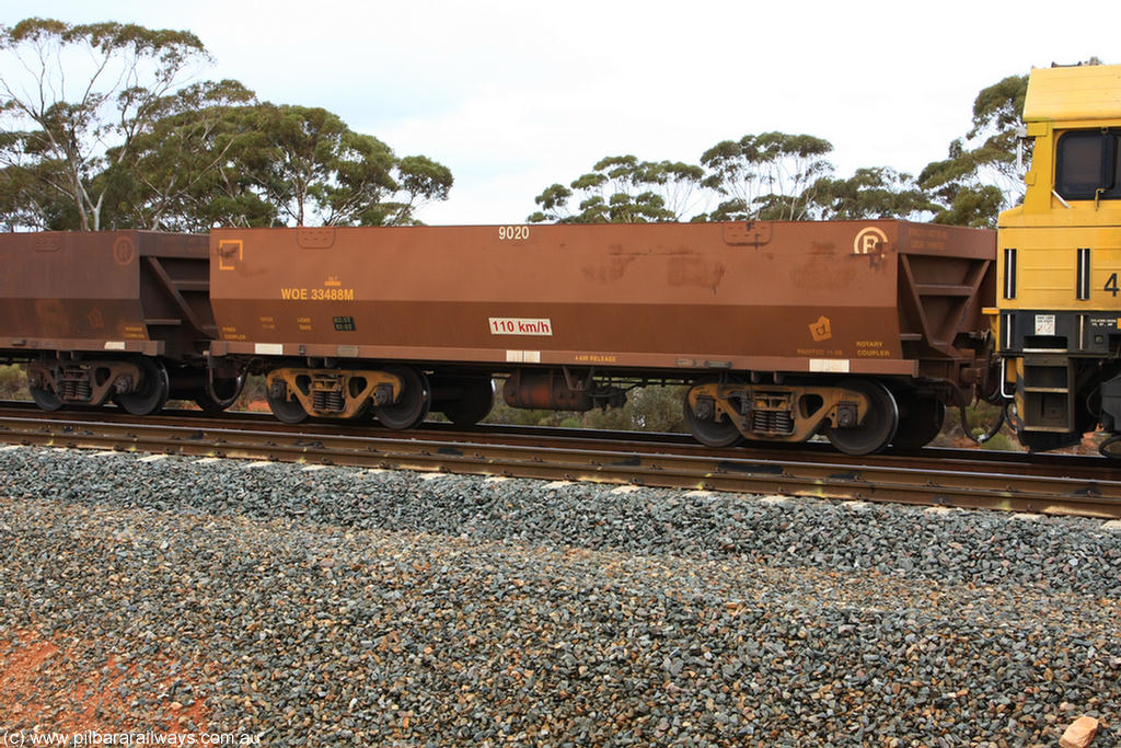 100822 5849
WOE type iron ore waggon WOE 33488 is one of a batch of one hundred and twenty eight built by United Group Rail WA between August 2008 and March 2009 with serial number 950211-028 and fleet number 9020 for Koolyanobbing iron ore operations, Binduli Triangle 22nd August 2010.
Keywords: WOE-type;WOE33488;United-Group-Rail-WA;950211-028;