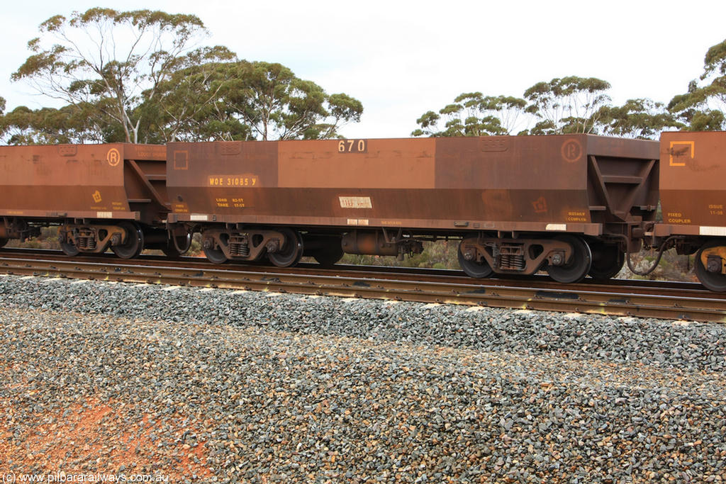 100822 5850
WOE type iron ore waggon WOE 31085 is one of a batch of one hundred and thirty built by Goninan WA between March and August 2001 with serial number 950092-075 and fleet number 670 for Koolyanobbing iron ore operations, Binduli Triangle 22nd August 2010.
Keywords: WOE-type;WOE31085;Goninan-WA;950092-075;