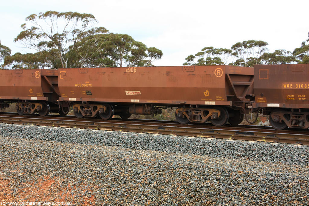 100822 5851
WOE type iron ore waggon WOE 33407 is one of a batch of one hundred and forty one built by United Group Rail WA between November 2005 and April 2006 with serial number 950142-112 and fleet number 8906 for Koolyanobbing iron ore operations, Binduli Triangle 22nd August 2010.
Keywords: WOE-type;WOE33407;United-Group-Rail-WA;950142-112;