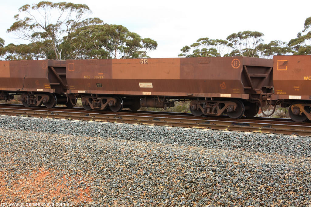 100822 5853
WOE type iron ore waggon WOE 30269 is one of a batch of one hundred and thirty built by Goninan WA between March and August 2001 with serial number 950092-019 and fleet number 613 for Koolyanobbing iron ore operations, Binduli Triangle 22nd August 2010.
Keywords: WOE-type;WOE30269;Goninan-WA;950092-019;