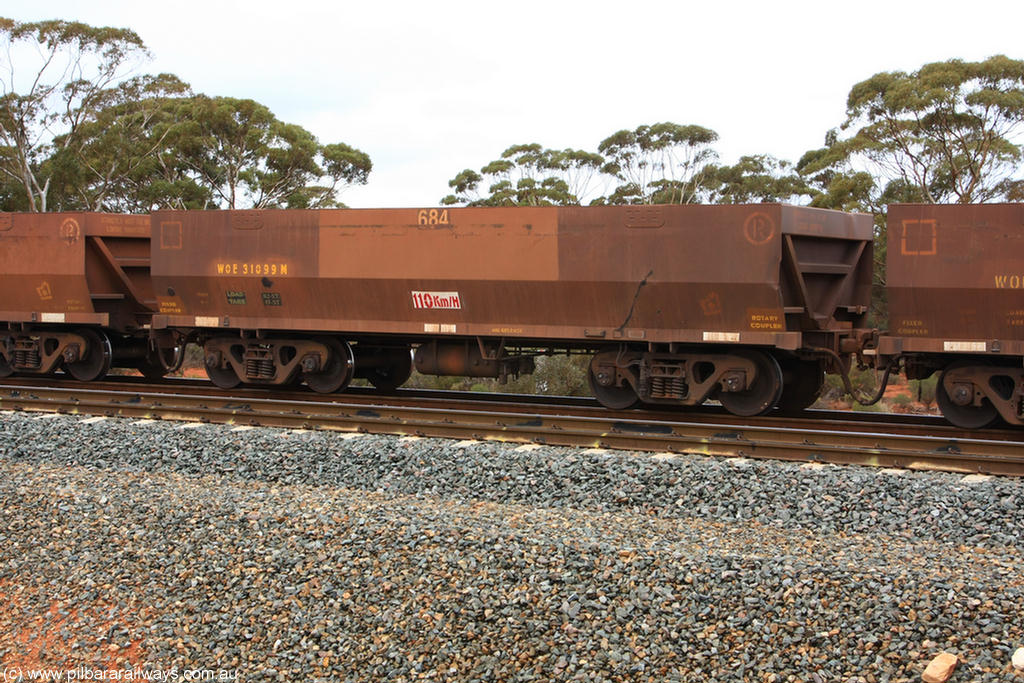 100822 5854
WOE type iron ore waggon WOE 31099 is one of a batch of one hundred and thirty built by Goninan WA between March and August 2001 with serial number 950092-089 and fleet number 684 for Koolyanobbing iron ore operations, Binduli Triangle 22nd August 2010.
Keywords: WOE-type;WOE31099;Goninan-WA;950092-089;
