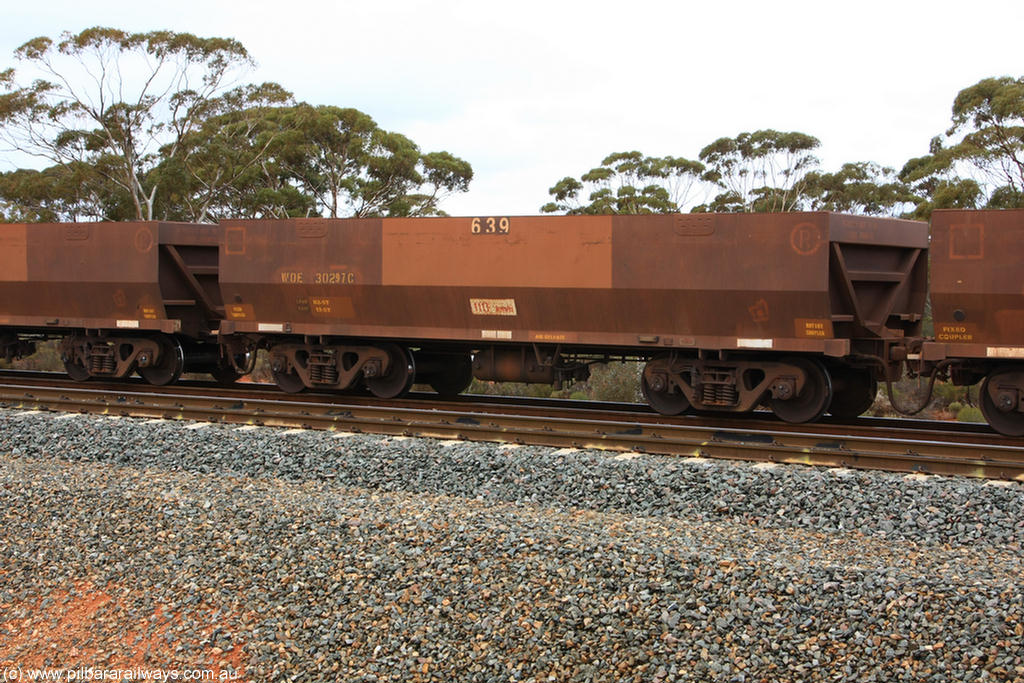 100822 5857
WOE type iron ore waggon WOE 30297 is one of a batch of one hundred and thirty built by Goninan WA between March and August 2001 with serial number 950092-047 and fleet number 639 for Koolyanobbing iron ore operations, Binduli Triangle 22nd August 2010.
Keywords: WOE-type;WOE30297;Goninan-WA;950092-047;
