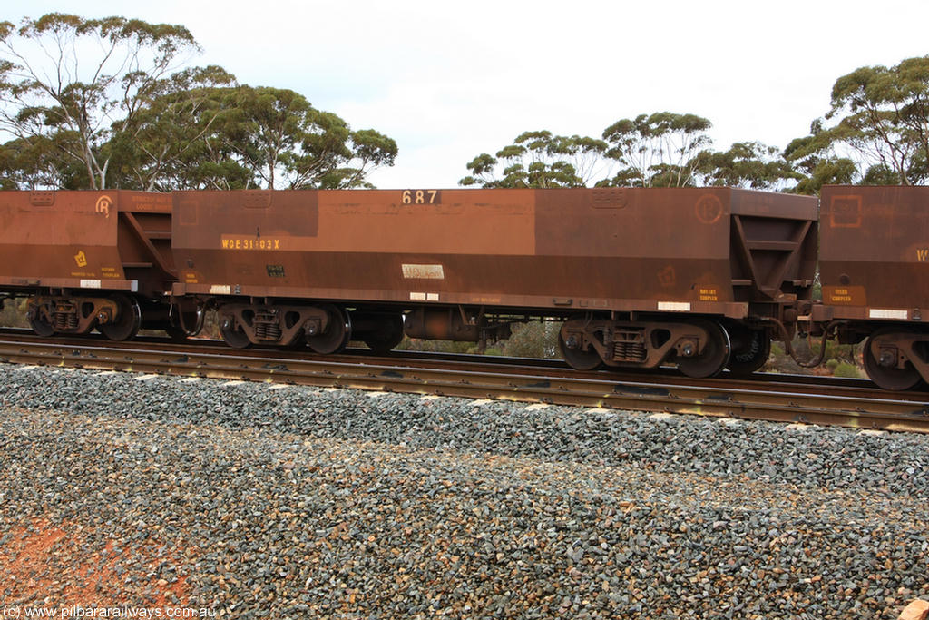 100822 5858
WOE type iron ore waggon WOE 31103 is one of a batch of one hundred and thirty built by Goninan WA between March and August 2001 with serial number 950092-093 and fleet number 687 for Koolyanobbing iron ore operations, Binduli Triangle 22nd August 2010.
Keywords: WOE-type;WOE31103;Goninan-WA;950092-093;